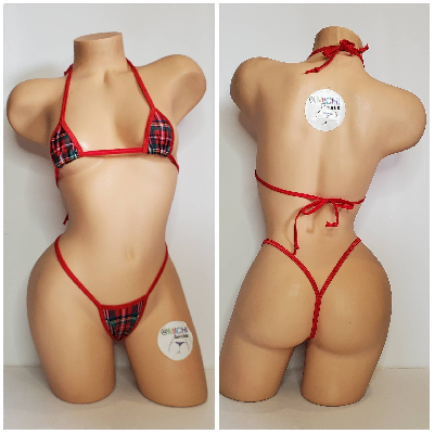 Red Plaid Pattern w/ Your Choice Trim Color 2 Piece Micro String Bikini Set One Size-3