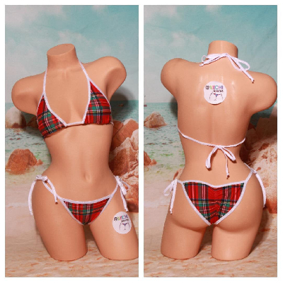 Red Plaid Pattern w/ Your Choice Trim Color 2 Piece Micro String Bikini Set One Size-7
