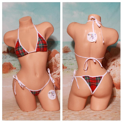 Red Plaid Pattern w/ Your Choice Trim Color 2 Piece Micro String Bikini Set One Size-8