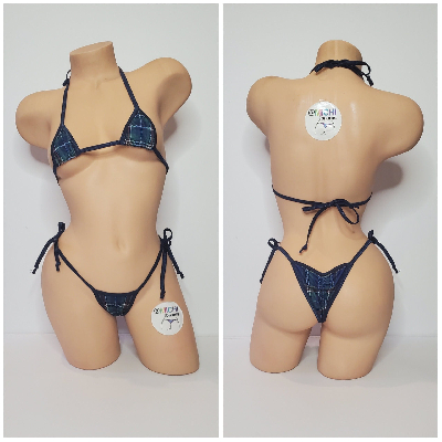 Navy Blue Plaid w/ Your Choice Trim 2 Piece Micro String Bikini Set One Size-5
