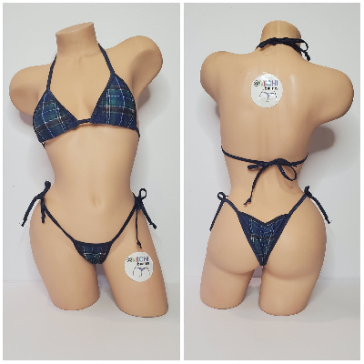 Navy Blue Plaid w/ Your Choice Trim 2 Piece Micro String Bikini Set One Size-6