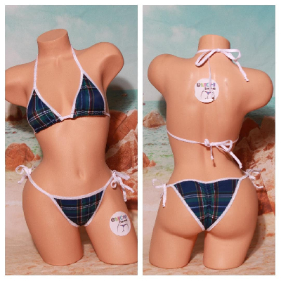 Navy Blue Plaid w/ Your Choice Trim 2 Piece Micro String Bikini Set One Size-7