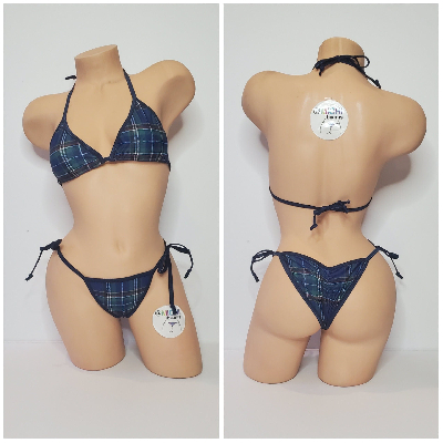 Navy Blue Plaid w/ Your Choice Trim 2 Piece Micro String Bikini Set One Size-8