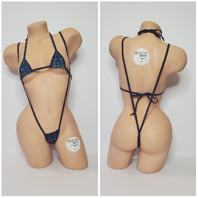 Navy Blue Plaid w/ Your Choice Trim 2 Piece Micro String Bikini Set One Size-12