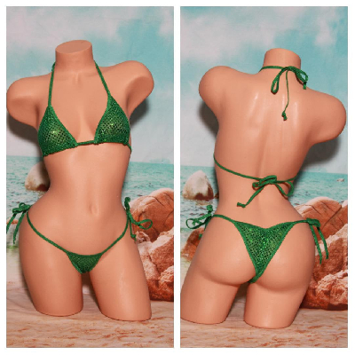 Green Sequin (Semi Sheer) & Green Trim 2PC String Bikini Set One Size-4