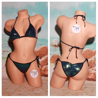 Blue Green Mermaid Colors w Navy Blue Trim 2pc String Bikini Set One Size-8