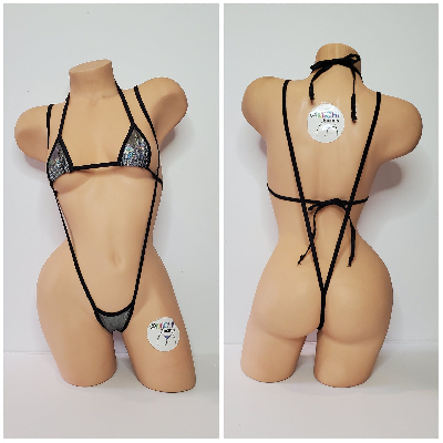 Holographic Silver with Black Trim 2 Piece Micro String Bikini Set One Size-5