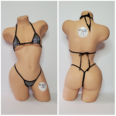 Holographic Silver with Black Trim 2 Piece Micro String Bikini Set One Size-6