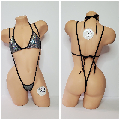 Holographic Silver with Black Trim 2 Piece Micro String Bikini Set One Size-9