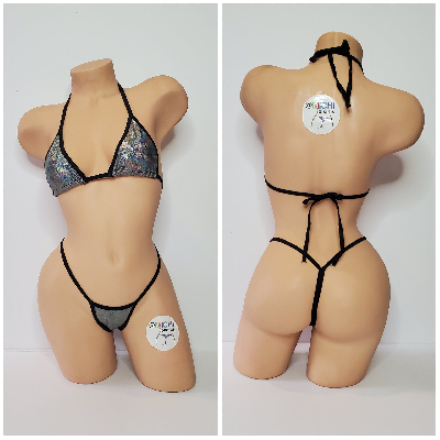 Holographic Silver with Black Trim 2 Piece Micro String Bikini Set One Size-10