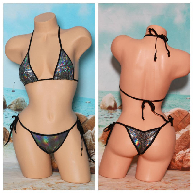 Holographic Silver with Black Trim 2 Piece Micro String Bikini Set One Size-11