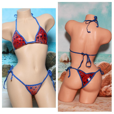 Red with Blue Stars Your Choice Trim Color 2 Piece Micro String Bikini Set One Size-2