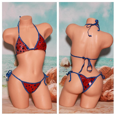 Red with Blue Stars Your Choice Trim Color 2 Piece Micro String Bikini Set One Size-3