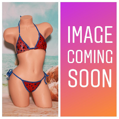 Red with Blue Stars Your Choice Trim Color 2 Piece Micro String Bikini Set One Size-4