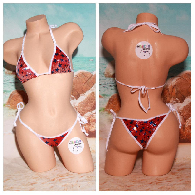 Red with Blue Stars Your Choice Trim Color 2 Piece Micro String Bikini Set One Size-8