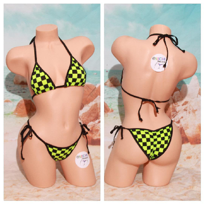 Neon Green & Black Checker Pattern w Black Trim 2pc Bikini Set One Size-10