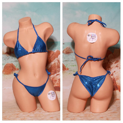 Shimmery Blue with Blue Trim 2 Piece String Micro Bikini Set One Size-7