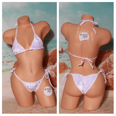 White Crushed Velvet Stretch Fabric w White Trim 2 Piece Micro String Bikini Set One Size-11