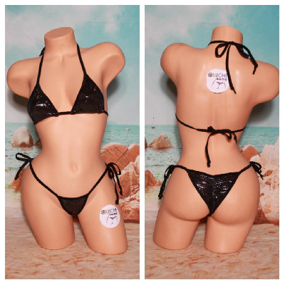 Black with Oil Slick Shimmer w Black Trim 2 Piece Micro Bikini Set-10