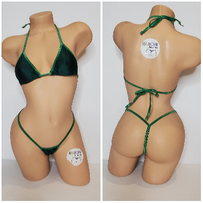 Forest Green with Green Trim Medium Coverage Top Scrunch Butt Bottoms 2 Piece String Bikini Set One Size-12