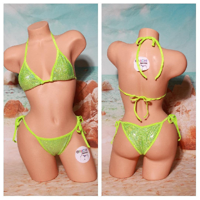 Shattered Holographic Neon Green w Neon Green Trim 2 Piece Micro String Bikini Set One Size-6