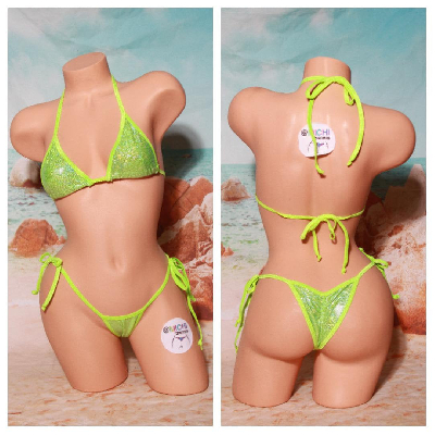 Shattered Holographic Neon Green w Neon Green Trim 2 Piece Micro String Bikini Set One Size-7