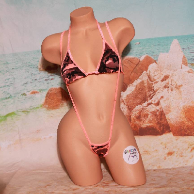 Neon Peach and Brown Camouflage w/ Neon Peach Trim 2 Piece Micro Bikini Set-0