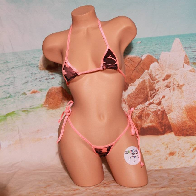 Neon Peach and Brown Camouflage w/ Neon Peach Trim 2 Piece Micro Bikini Set-3