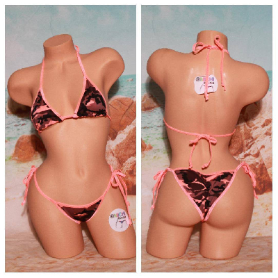 Neon Peach and Brown Camouflage w/ Neon Peach Trim 2 Piece Micro Bikini Set-5