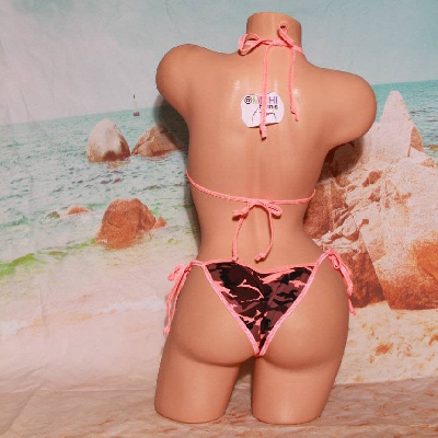 Neon Peach and Brown Camouflage w/ Neon Peach Trim 2 Piece Micro Bikini Set-10