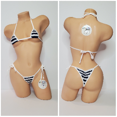 Navy and White Striped w Your Choice Trim Color 2 Piece Micro String Bikini Set One Size-10
