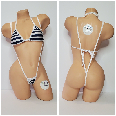 Navy and White Striped w Your Choice Trim Color 2 Piece Micro String Bikini Set One Size-11