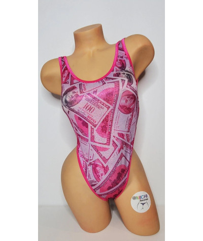Hot Pink Hundred Dollar Bills Pattern with Hot Pink Trim 1 Piece Bodysuit Size SMALL