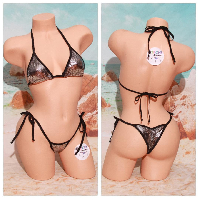 Silver Snake Skin Pattern w Black Trim  2 Piece Micro String Bikini Set One Size-5