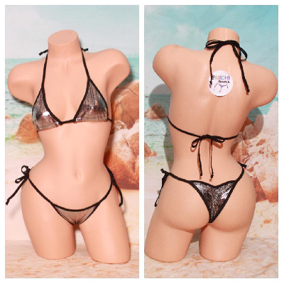 Silver Snake Skin Pattern w Black Trim  2 Piece Micro String Bikini Set One Size-6