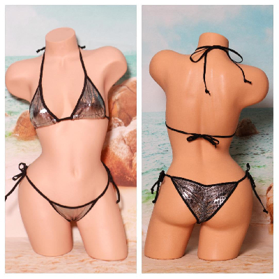 Silver Snake Skin Pattern w Black Trim  2 Piece Micro String Bikini Set One Size-7