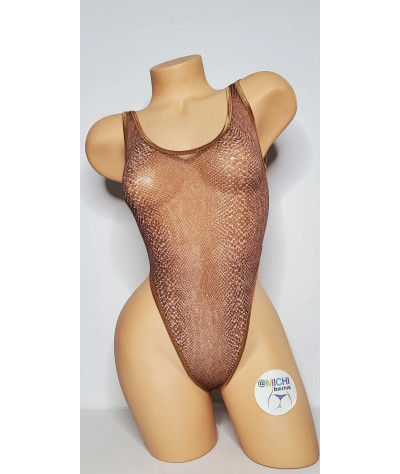 Brown Snake Skin Pattern Mesh with Tan Trim ***VERY SHEER*** 1 Piece Bodysuit Size SMALL