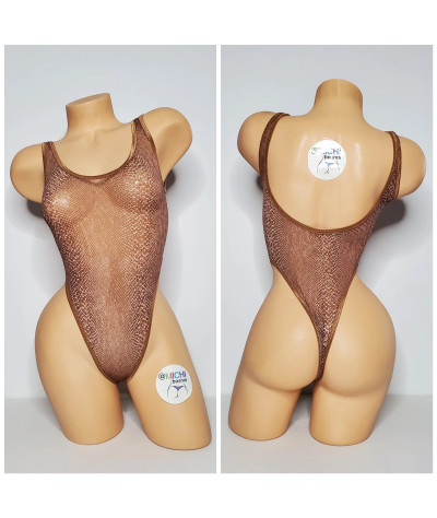 Brown Snake Skin Pattern Mesh with Tan Trim ***VERY SHEER*** 1 Piece Bodysuit Size SMALL
