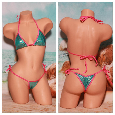 Holographic Sea Foam Green w Your Choice Trim Color  2 Piece Micro String Bikini Set One Size-6