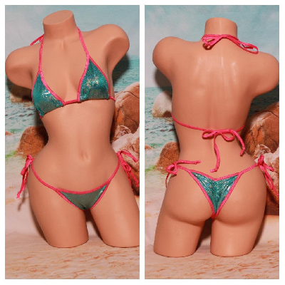 Holographic Sea Foam Green w Your Choice Trim Color  2 Piece Micro String Bikini Set One Size-7