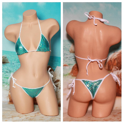 Holographic Sea Foam Green w Your Choice Trim Color  2 Piece Micro String Bikini Set One Size-15