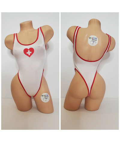 White with Red Trim and Custom Logo Option 1 Piece Bodysuit Size SMALL