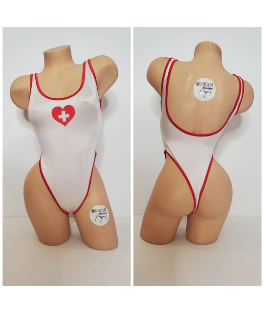 White with Red Trim and Custom Logo Option 1 Piece Bodysuit Size SMALL