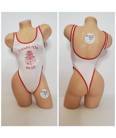 White with Red Trim and Custom Logo Option 1 Piece Bodysuit Size SMALL
