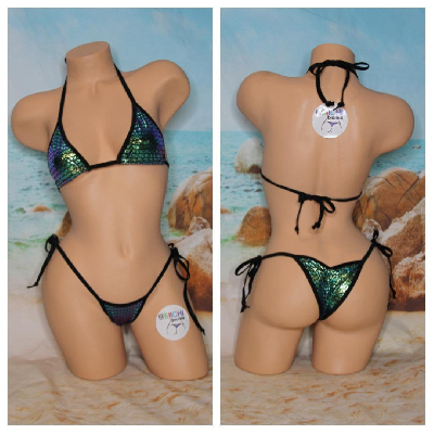 Geometric Pattern Iridescent Mermaid Multicolor Black Trim 2 Piece Micro Bikini Set-3
