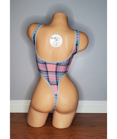Baby Blue w/ Baby Pink Plaid Pattern with Baby Blue Trim 1 Piece Bodysuit Size SMALL
