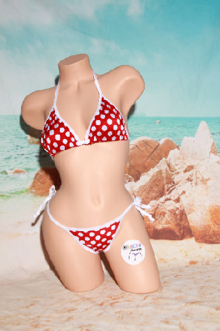 Red with White Polka Dots w Your Choice Trim Color 2 Piece Micro Bikini Set-18