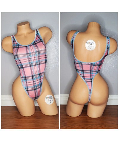Baby Blue w/ Baby Pink Plaid Pattern with Baby Blue Trim 1 Piece Bodysuit Size SMALL