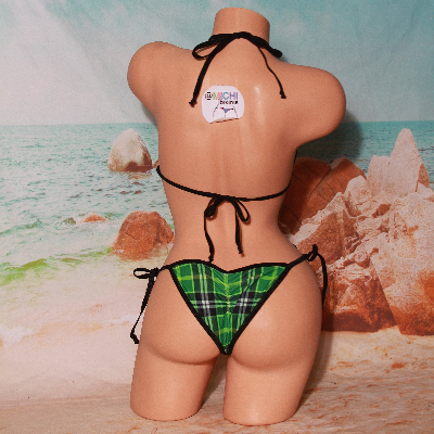 Green Plaid Pattern w/ Black Trim  2 Piece Micro String Bikini Set One Size-0