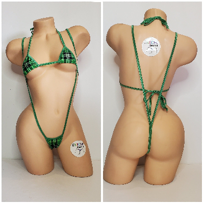 Green Plaid Pattern w/ Black Trim  2 Piece Micro String Bikini Set One Size-2